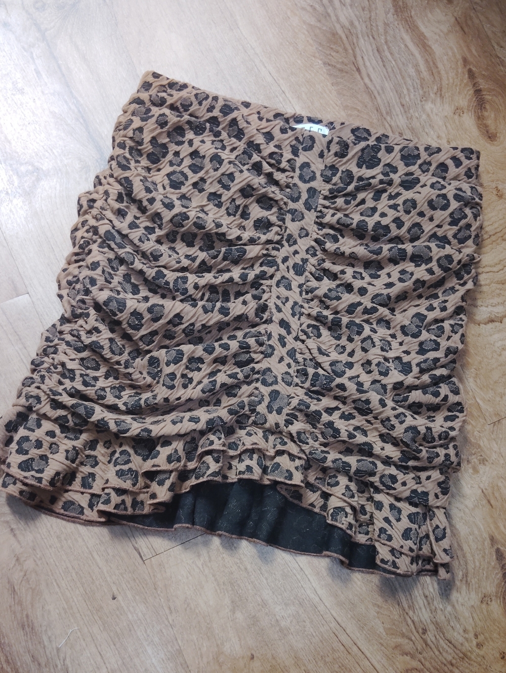 TCEC Leopard Ruched Mini Skirt in Tan and Black